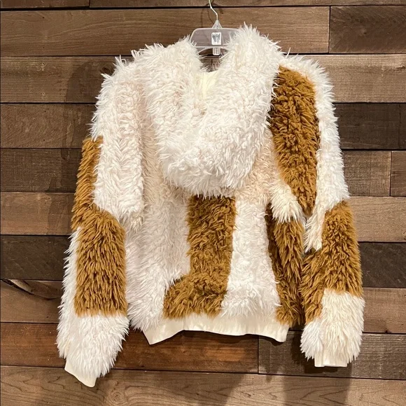 Free People Women's Be Mine Teddy Hooded Pullover Ivory Brown Checker Size Small - Picture 5 of 7